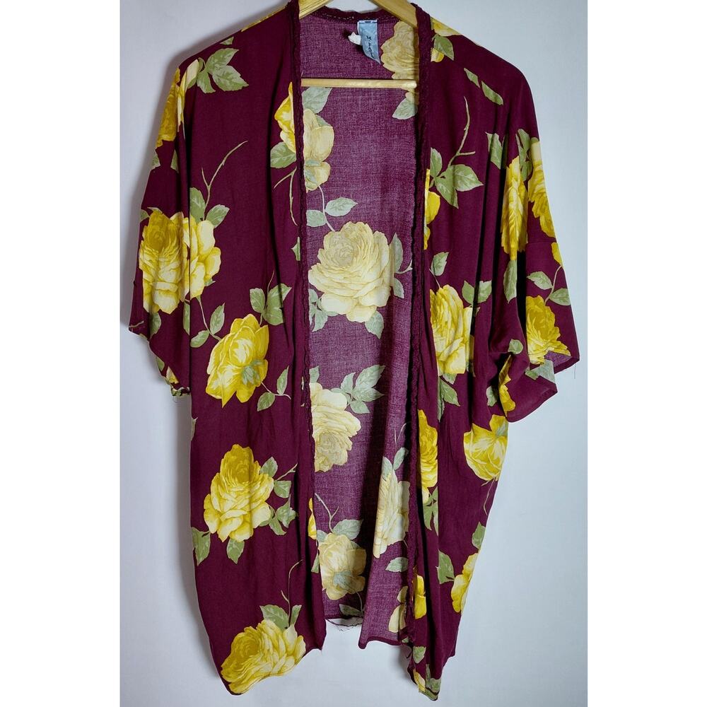 M. FASIS 7-191 . FASIS Style Floral Kimono Burgundy Yellow Woven 3/4 Size M